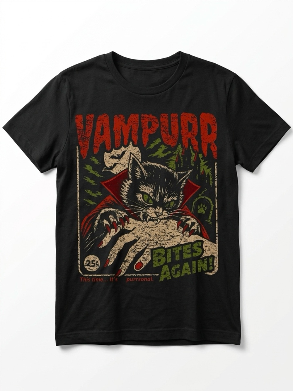 Gildan Black 'Vampurr Bites Again' Graphic Cat Tee with Red and Green Accents
